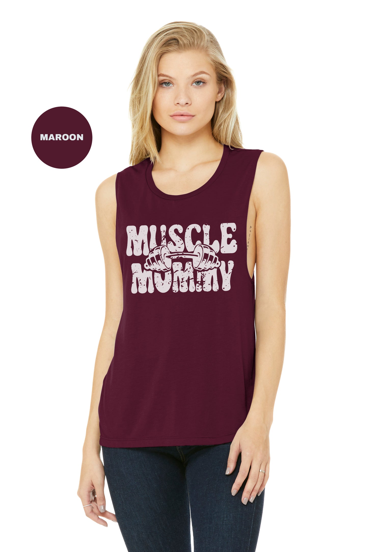 a woman wearing a maroon muscle tank top
