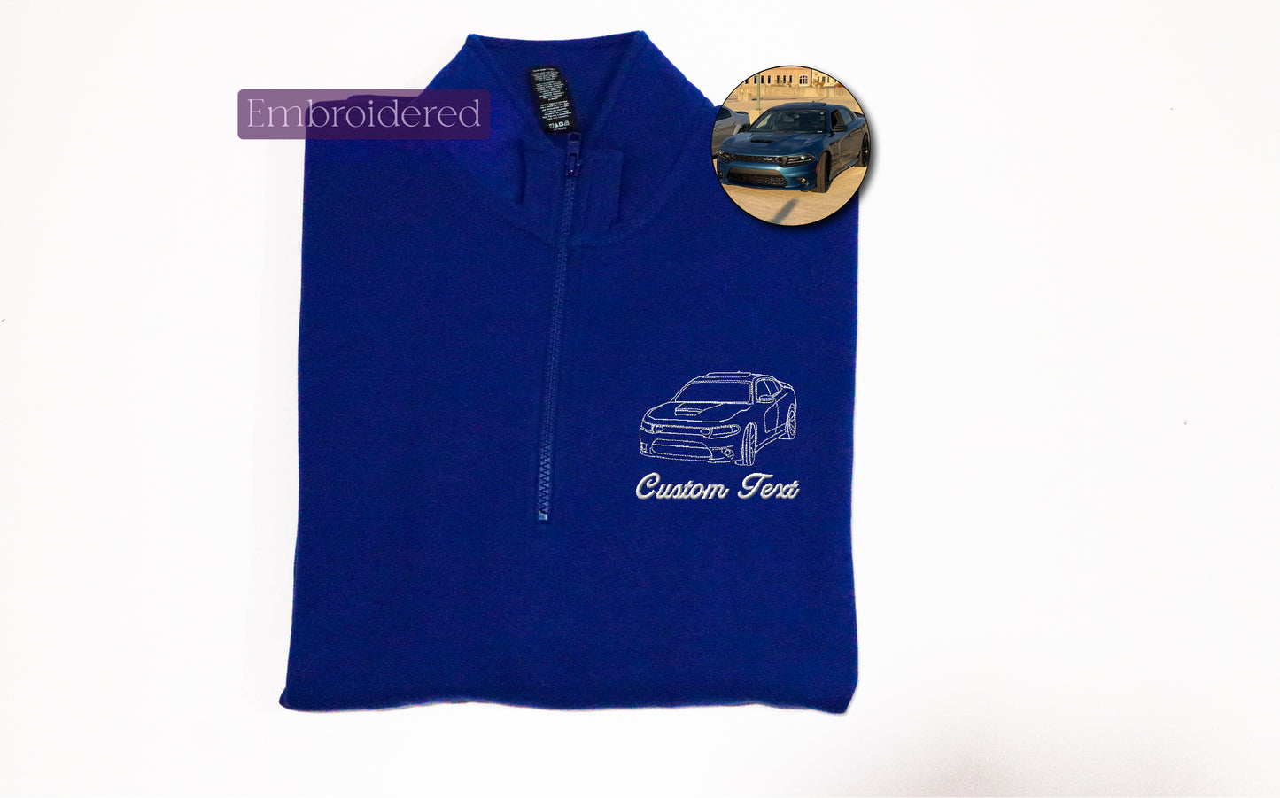 a blue vest with a picture of a car on it