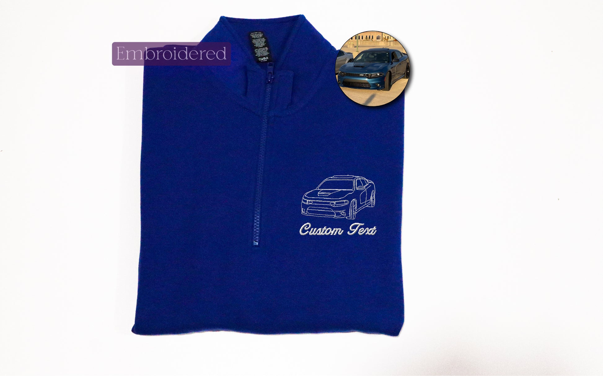a blue vest with a picture of a car on it