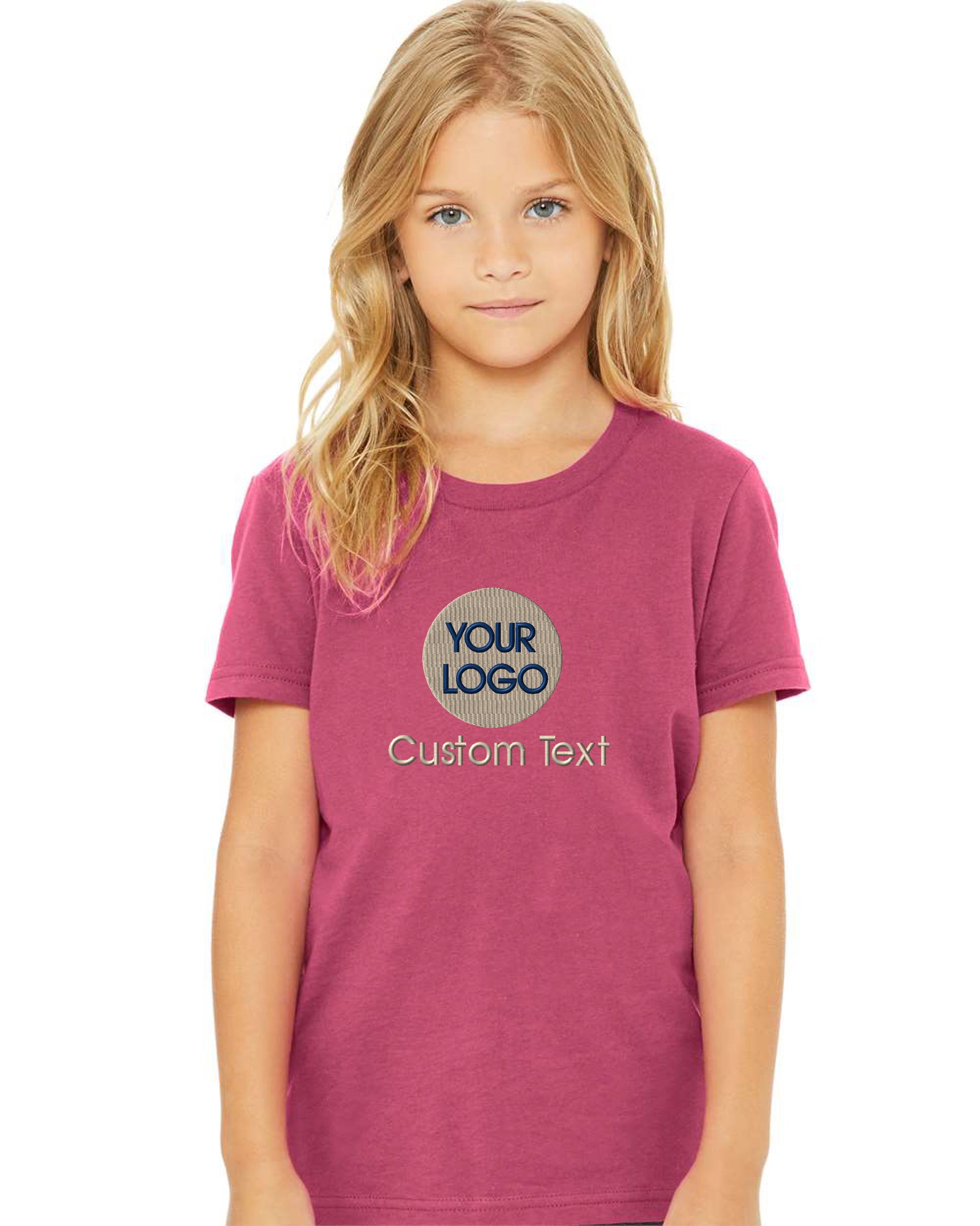 a little girl wearing a pink t - shirt with the words your logo on it