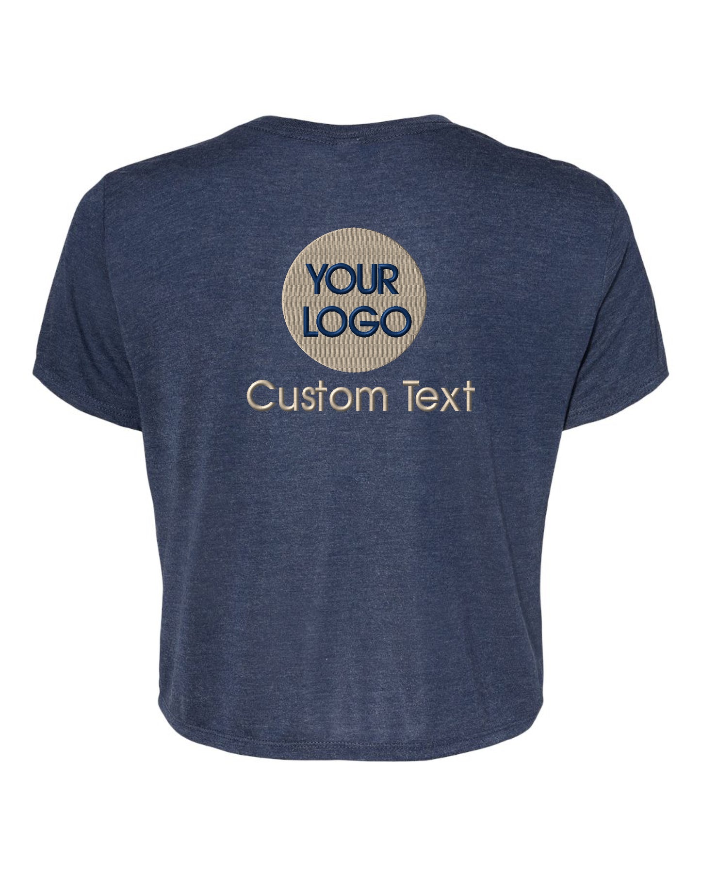 a blue t - shirt with a circular logo on it