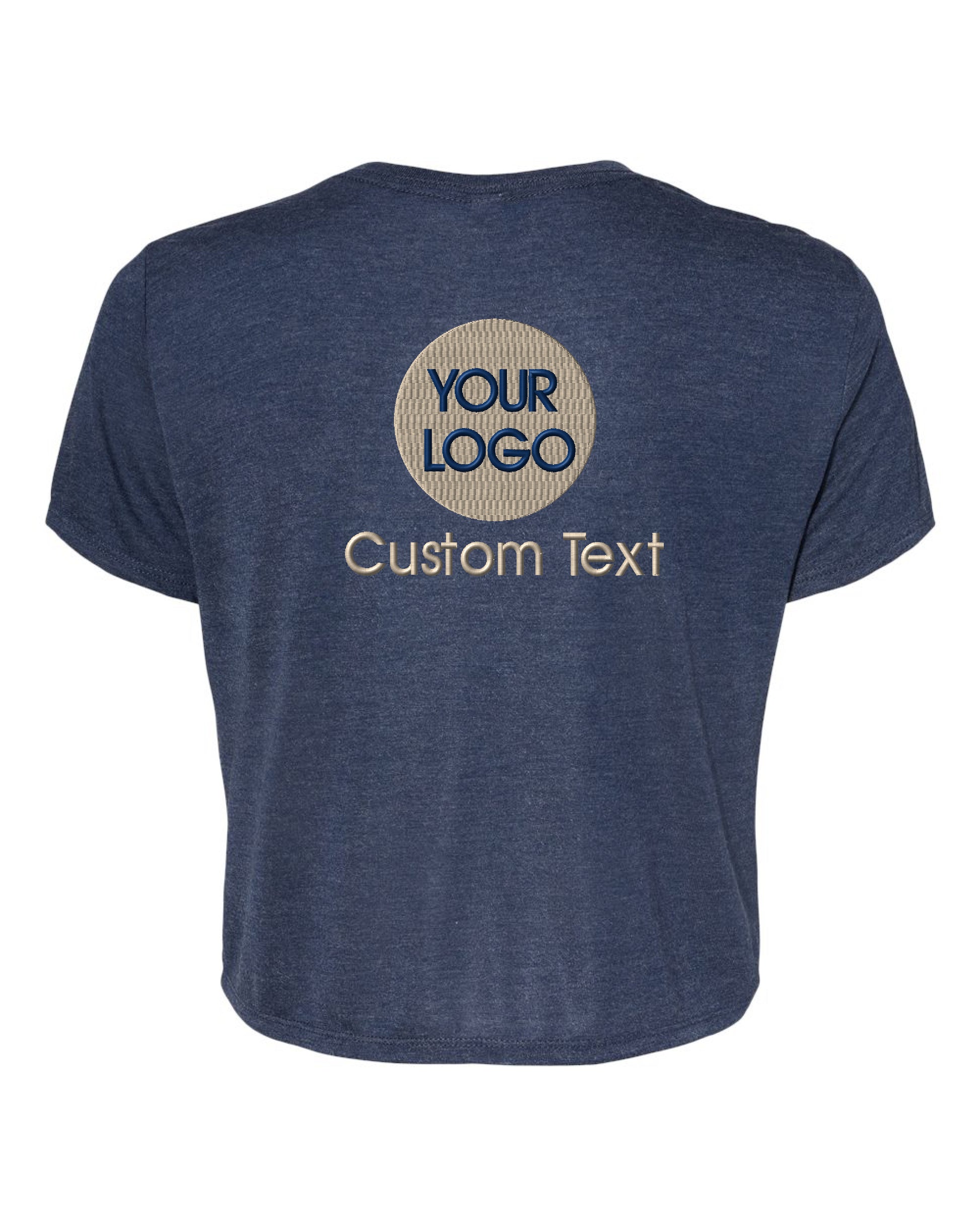 a blue t - shirt with a circular logo on it