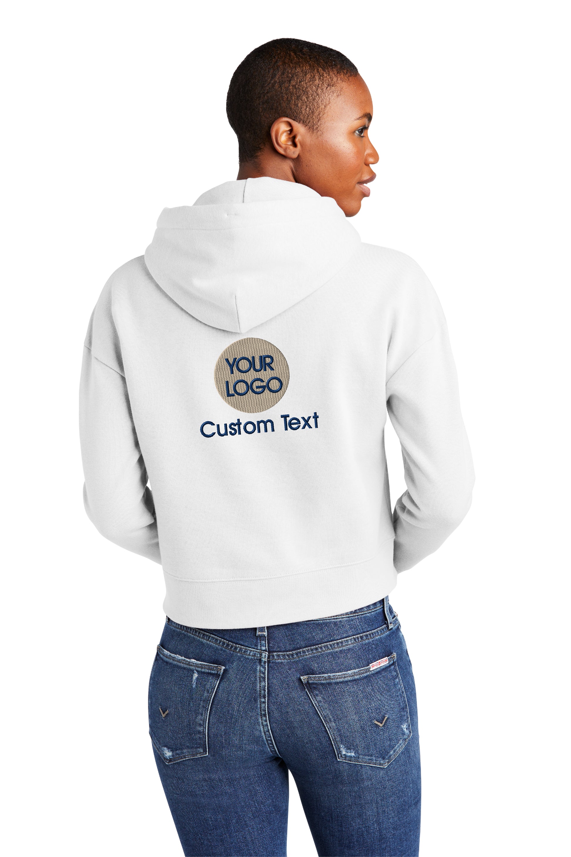 a woman wearing a white hoodie with the words custom text on it