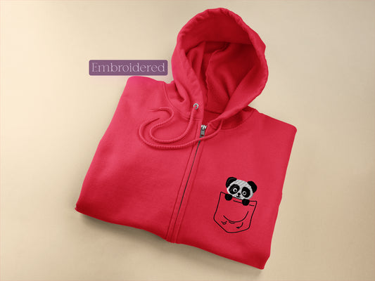 a red hoodie with a panda in a pocket on it