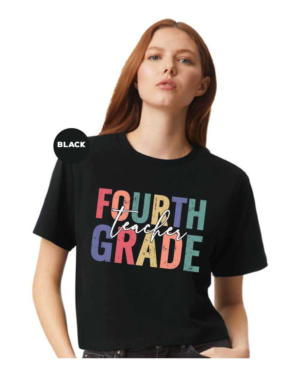 a woman wearing a black fourth grade t - shirt
