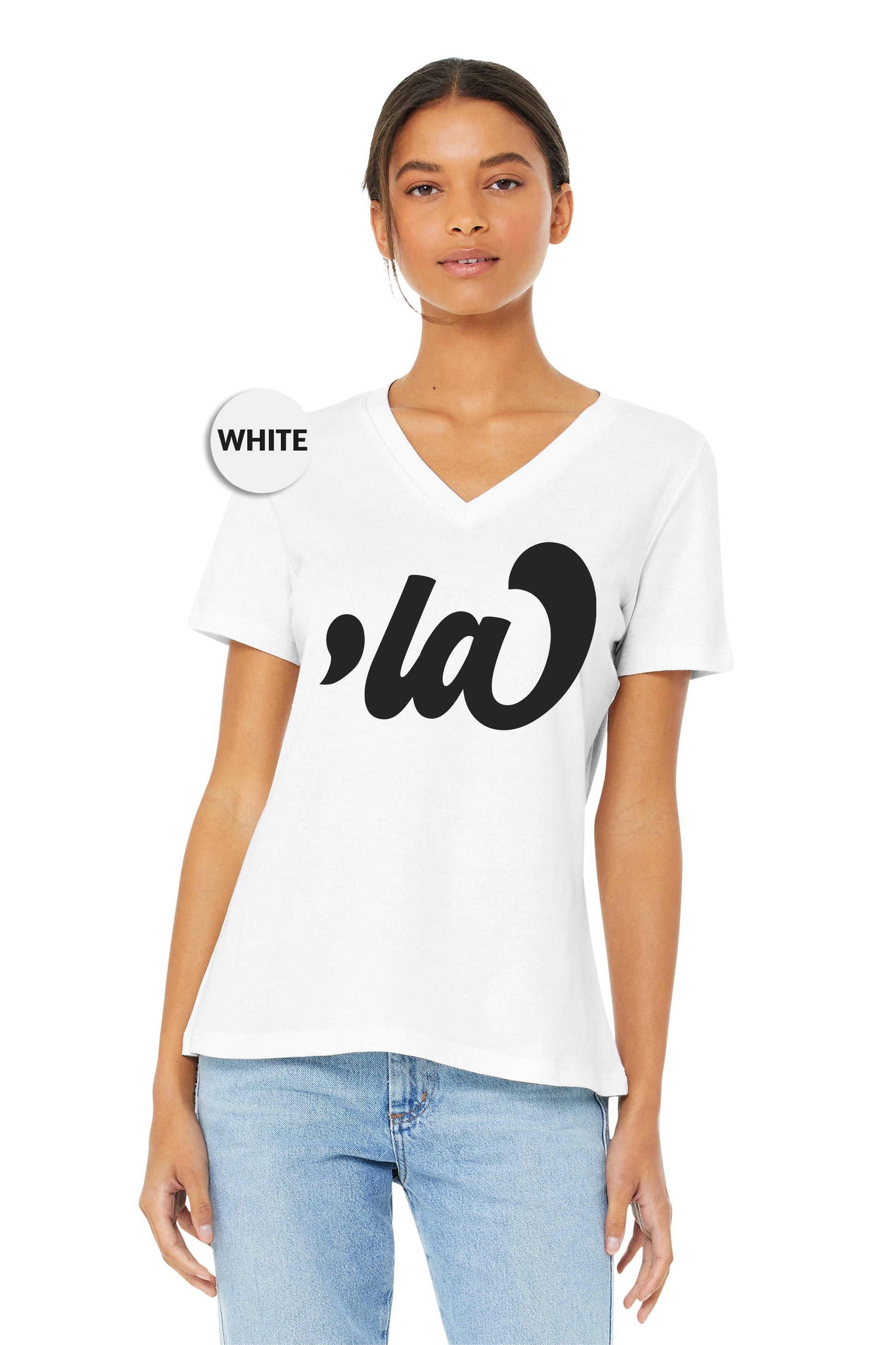 a woman wearing a white t - shirt with a black and white logo