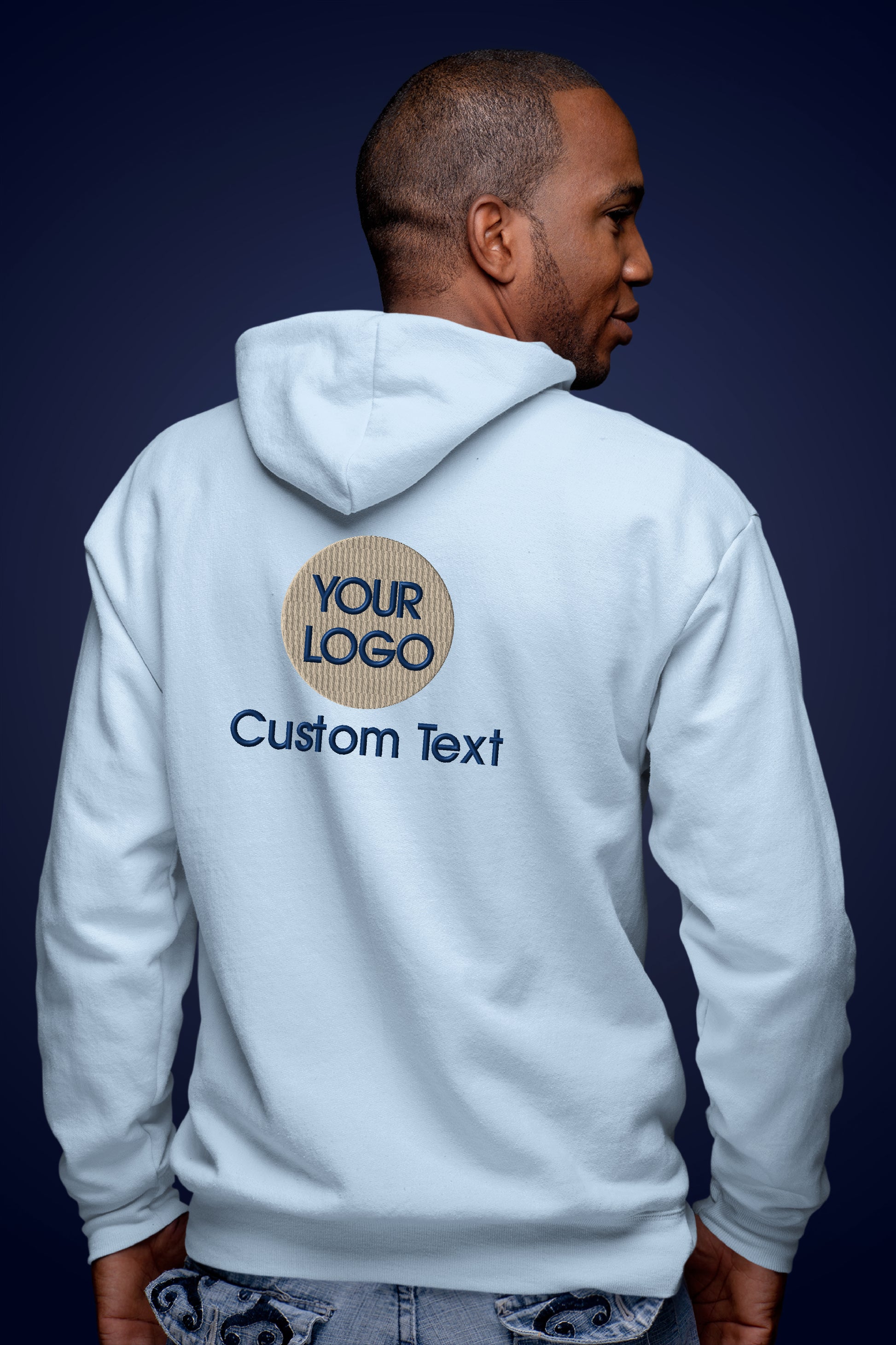 a man wearing a white hoodie with the words your logo on it