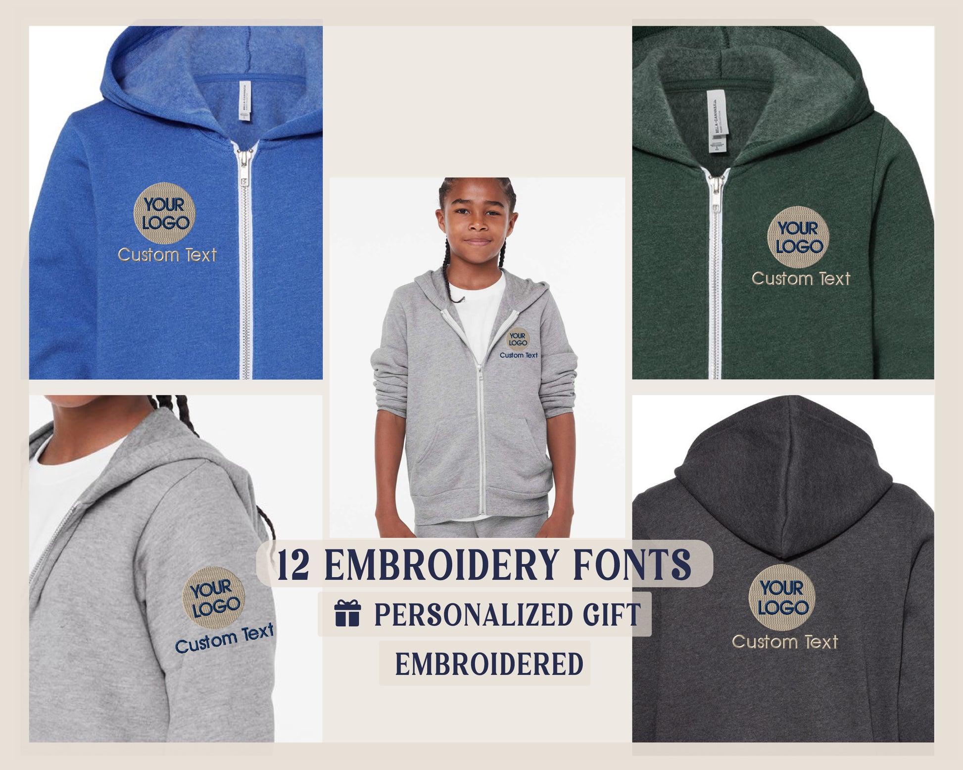 a collage of four different zipped hoodies