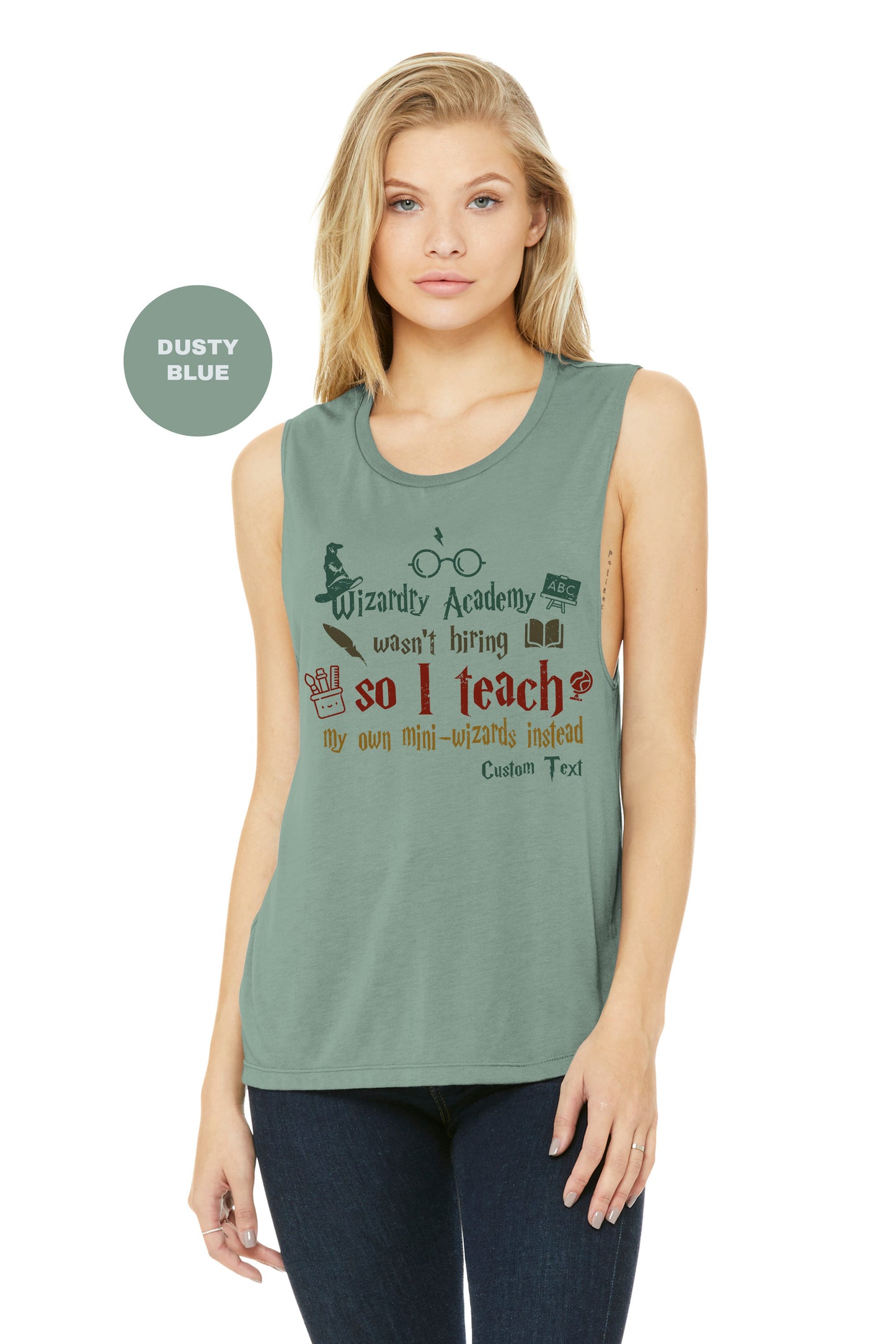 a woman wearing a green tank top with words on it