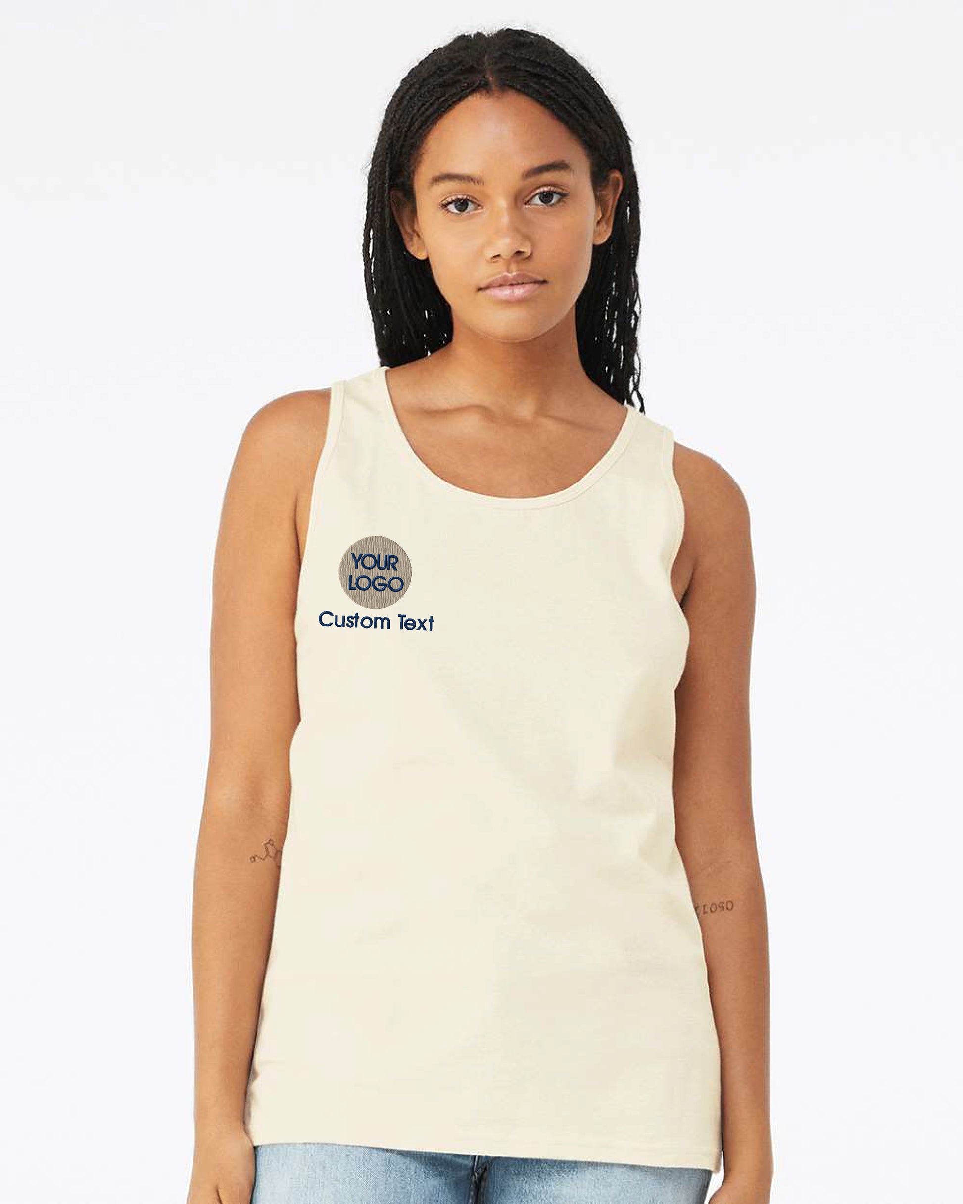 a woman wearing a tank top with a logo on it