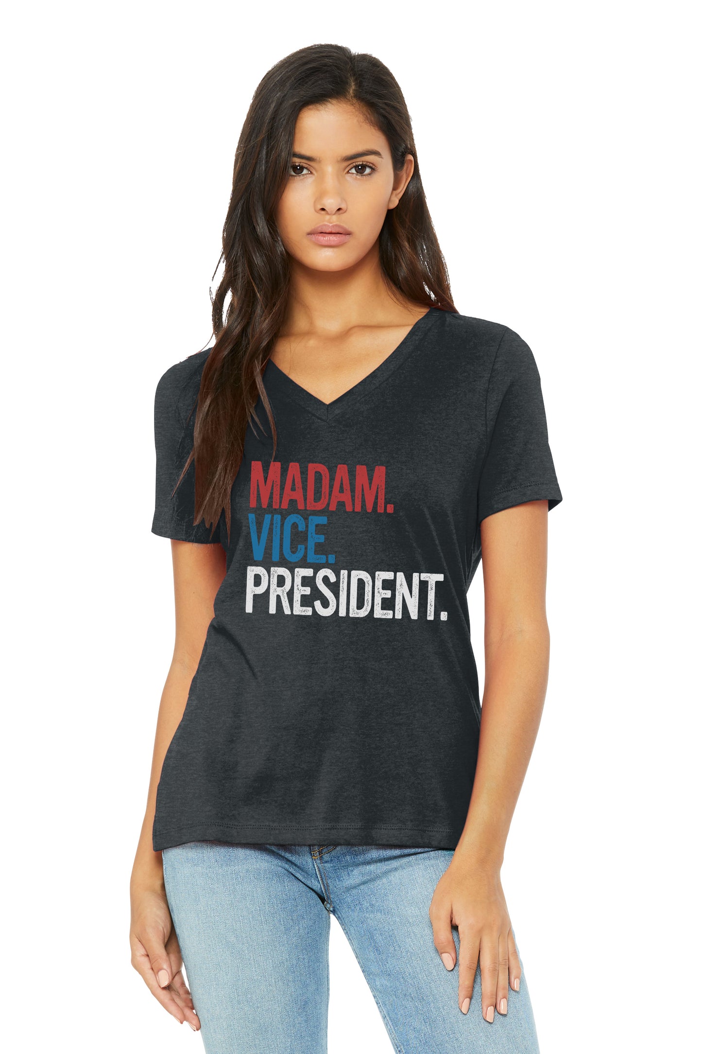 a woman wearing a black shirt that says madam vice president