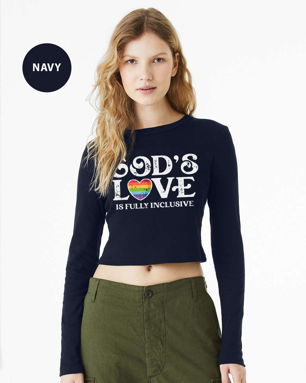 a woman wearing a crop top that says god's love