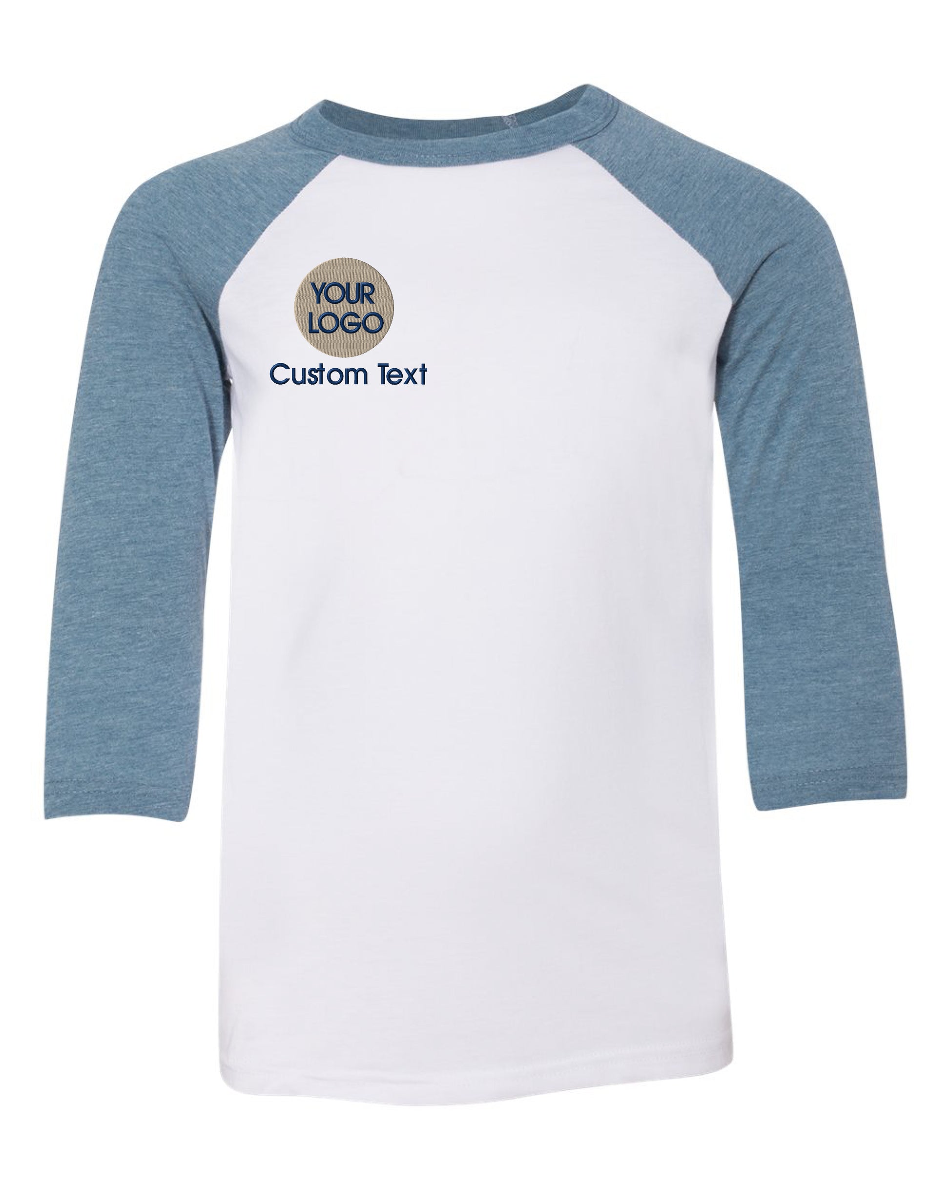 a white and blue t - shirt with the words custom text