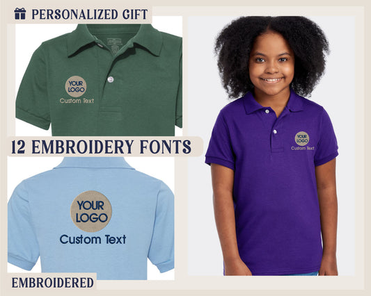 two children's polo shirts with custom text