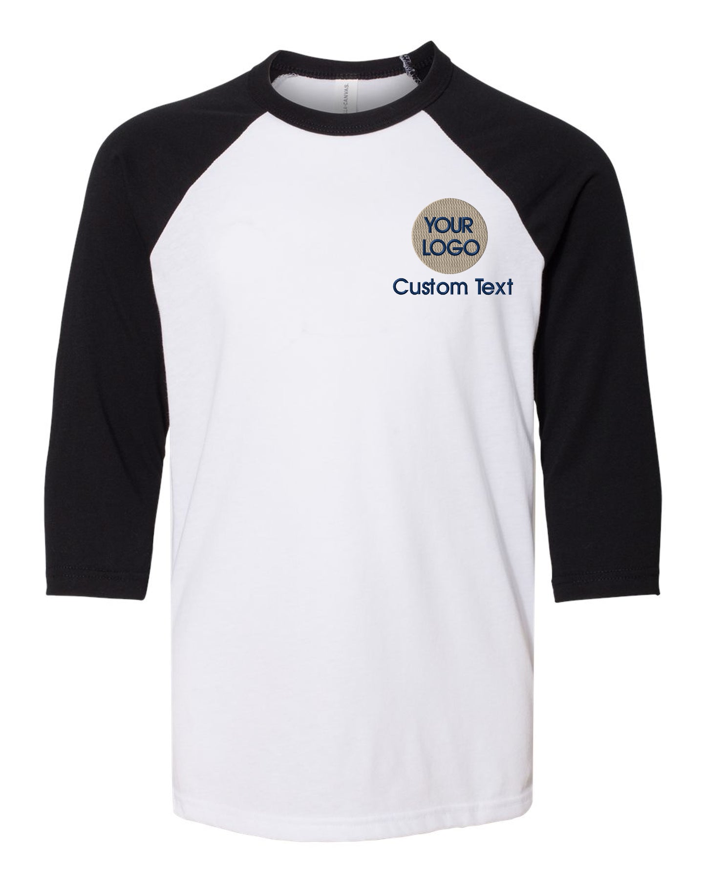 a white and black baseball shirt with the words custom text