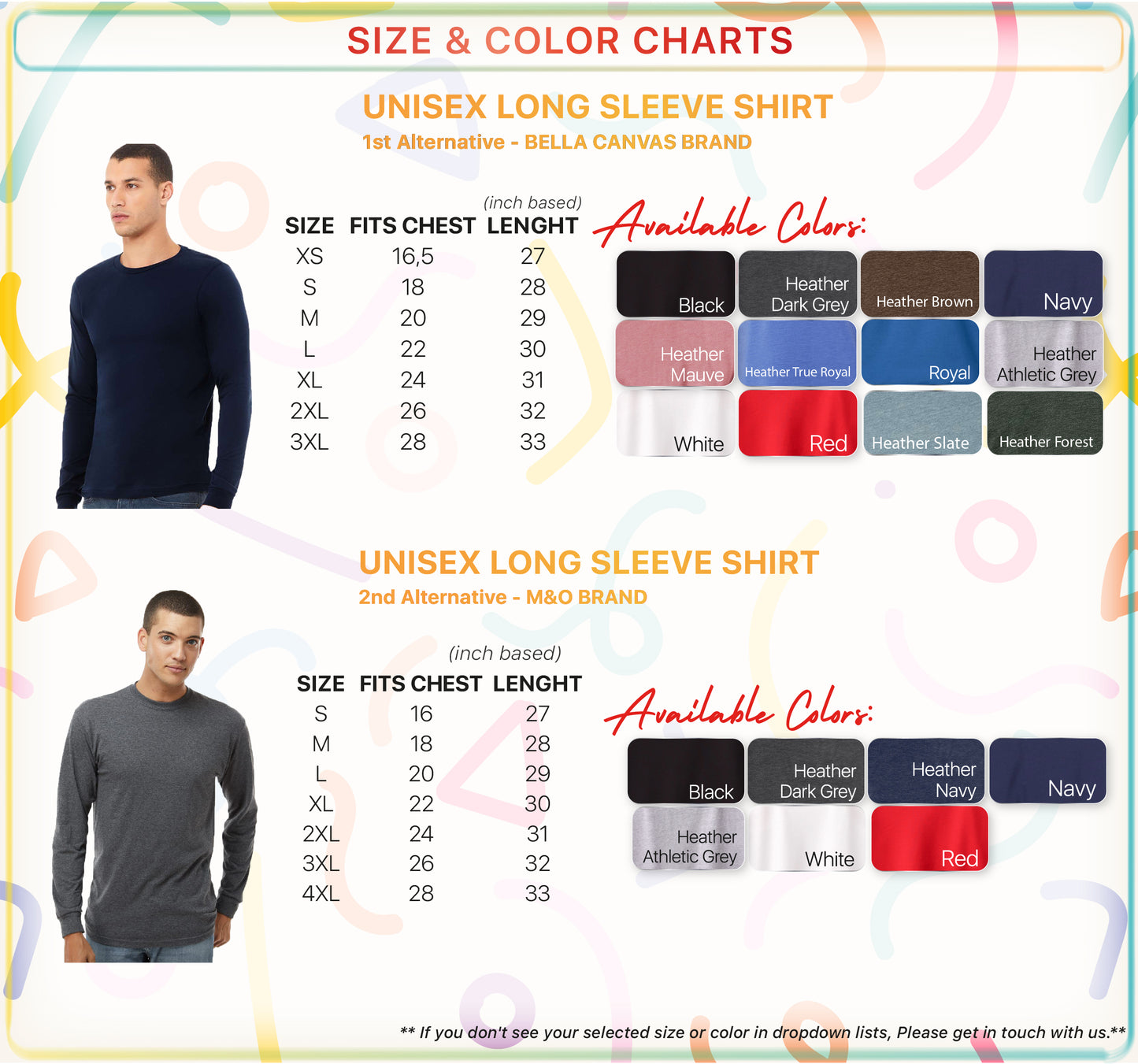 men's long sleeve t - shirt sizes chart