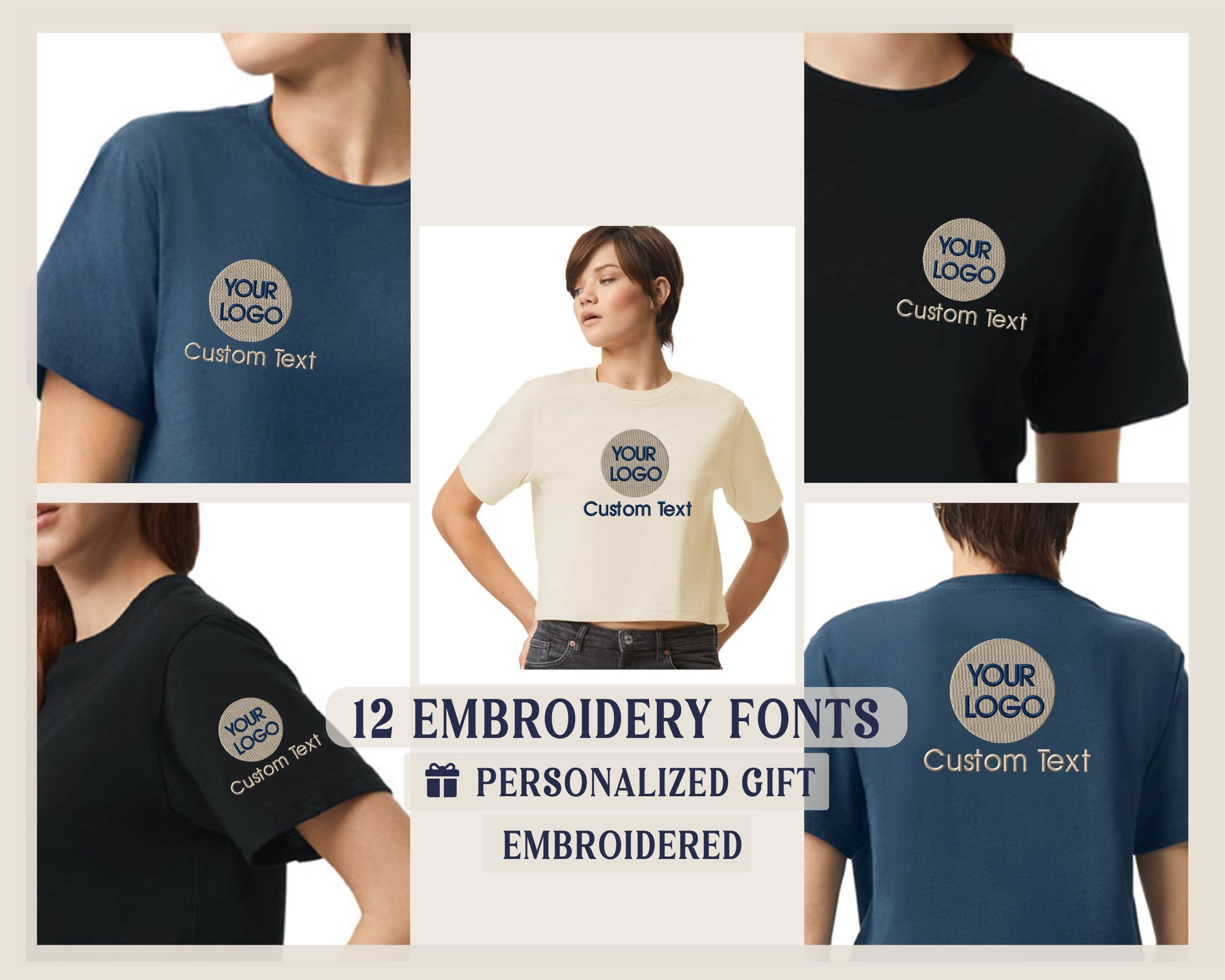 a woman wearing a t - shirt with a custom logo on it