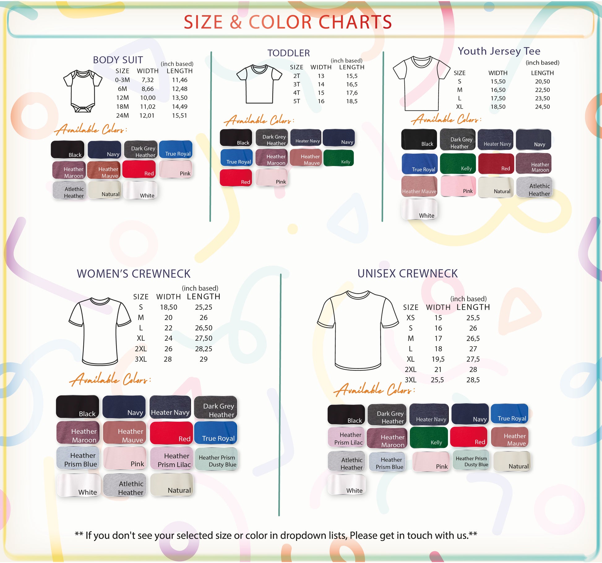 the size and color chart for a t - shirt