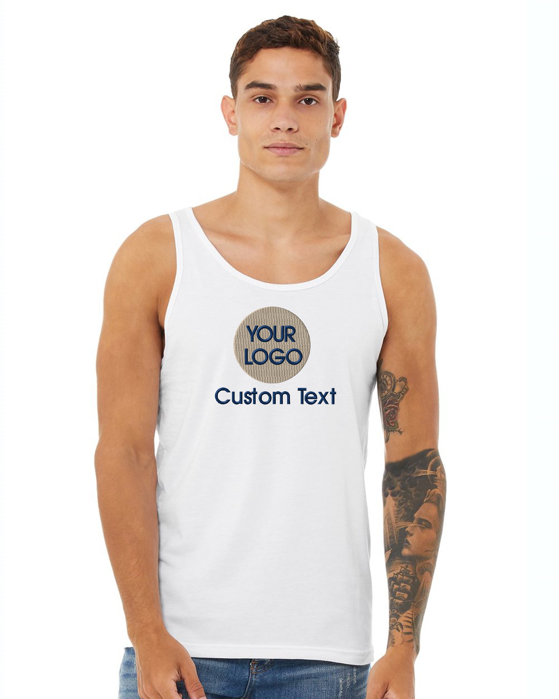 a man wearing a white tank top with the words your logo on it