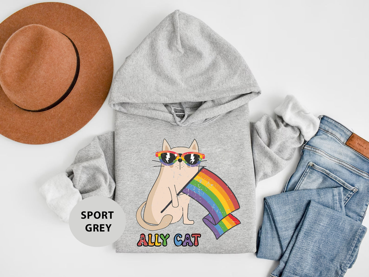a gray hoodie with a rainbow cat on it