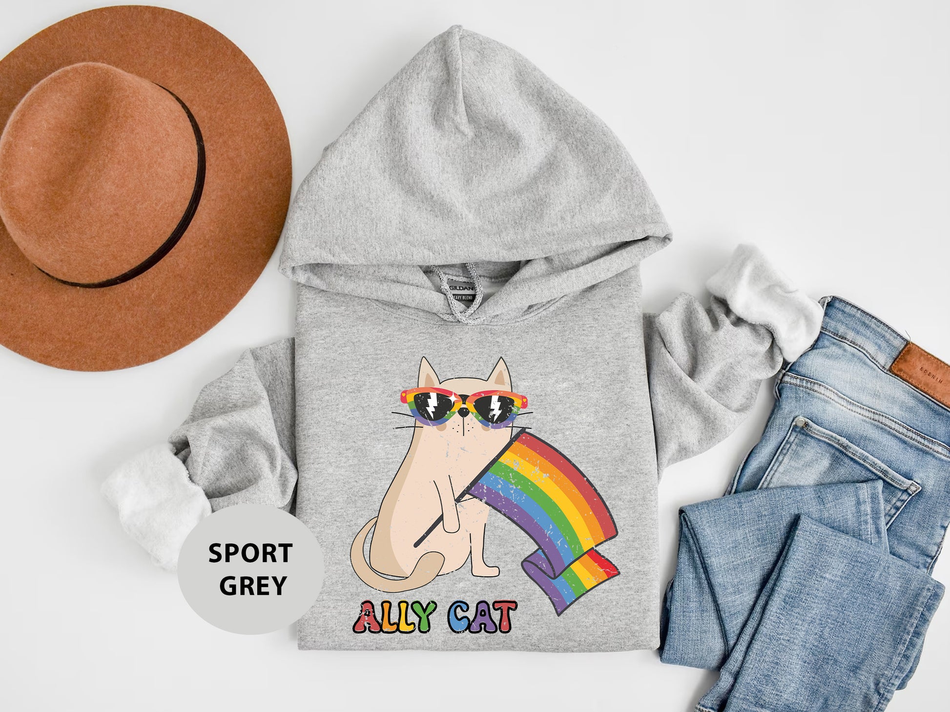 a gray hoodie with a rainbow cat on it
