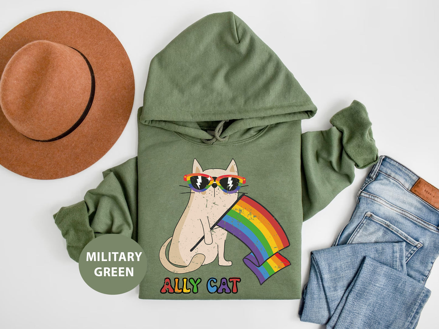 a green hoodie with a cat wearing sunglasses