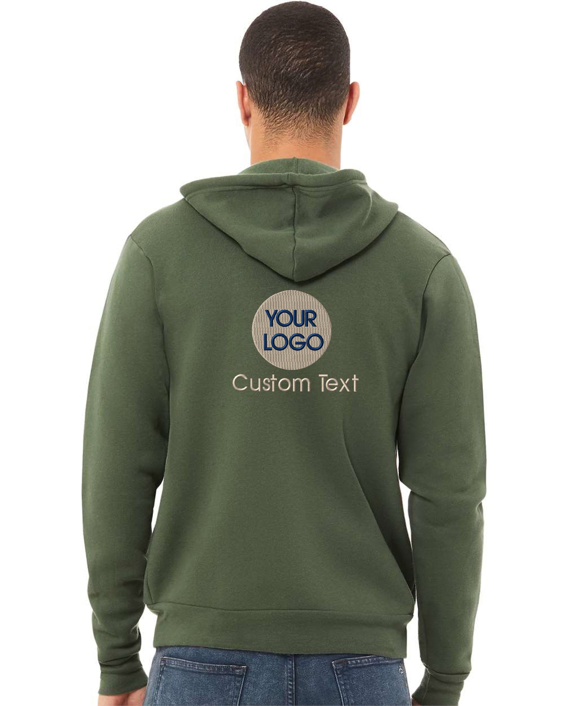 a man wearing a green hoodie with the words your logo on it