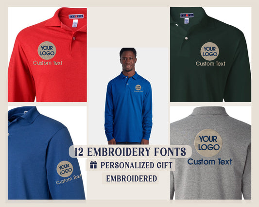 a group of men's polo shirts with custom text