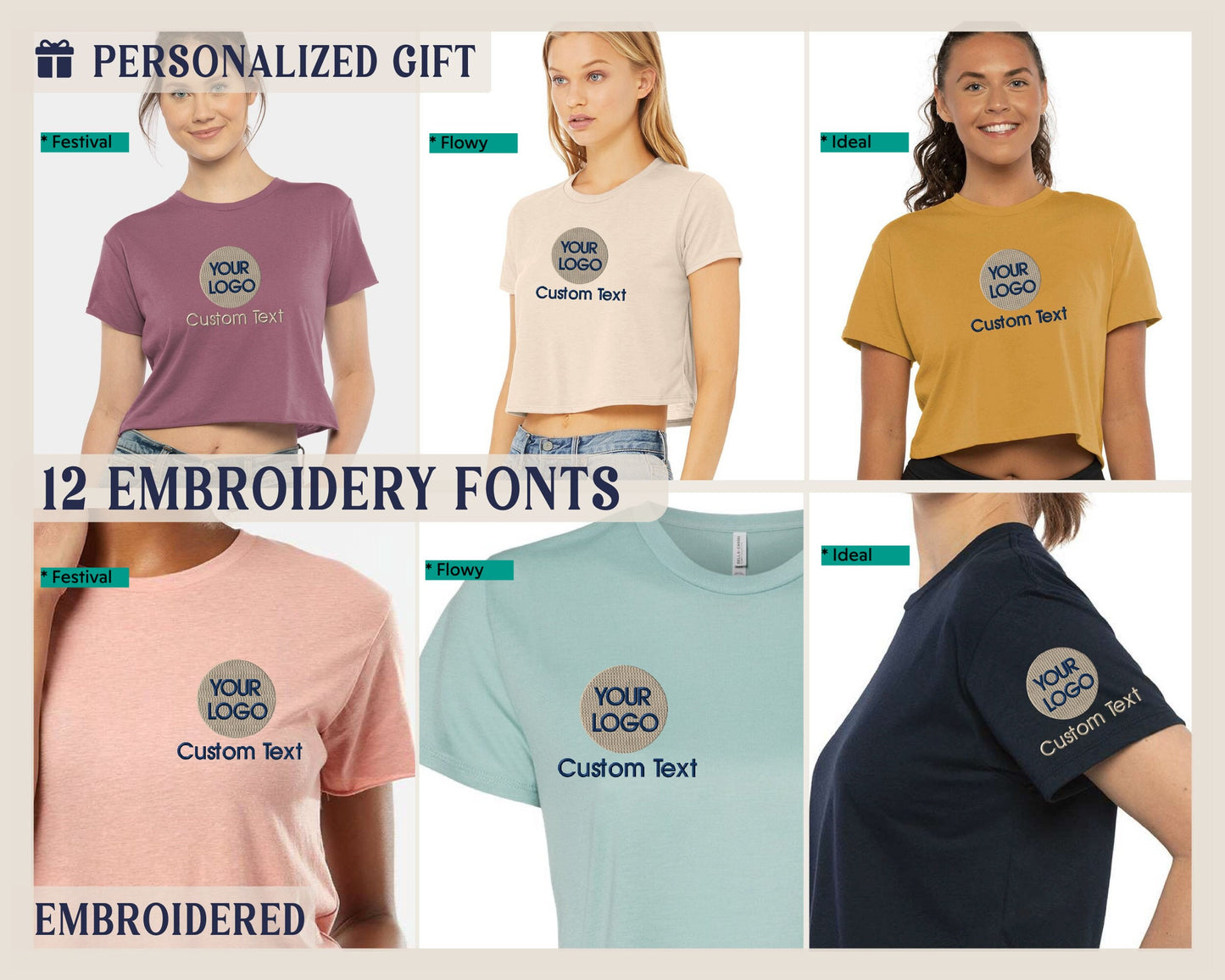 a group of women's t - shirts with the words embroidery font on them