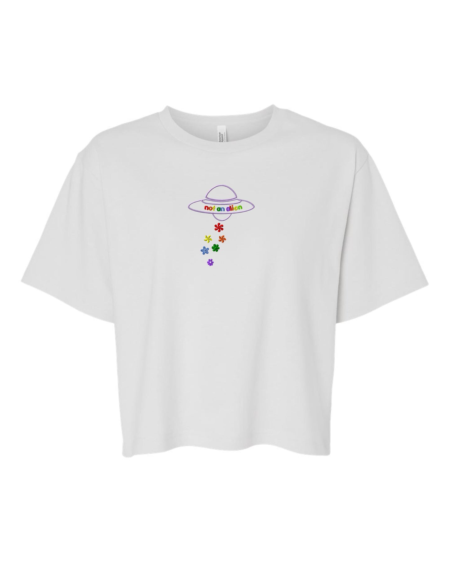 a white crop top with an image of an object on it