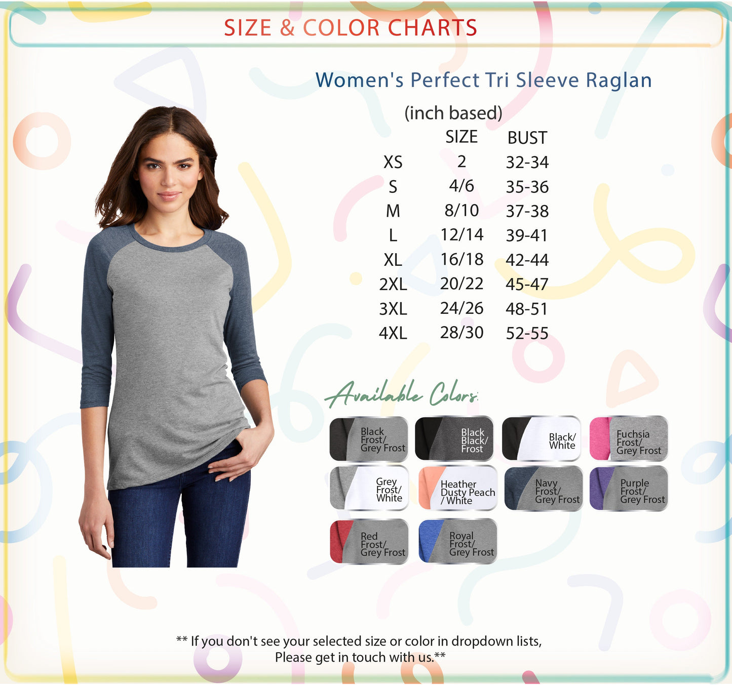 a women's t - shirt with the size and color chart