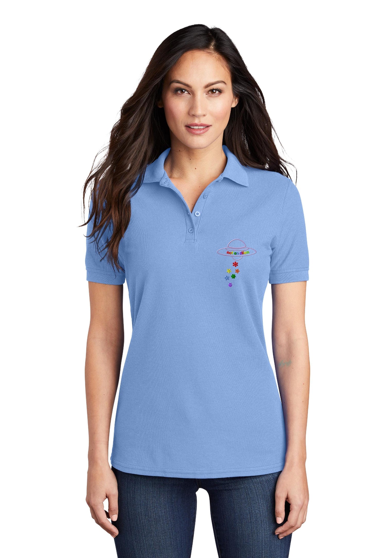 a woman wearing a light blue polo shirt