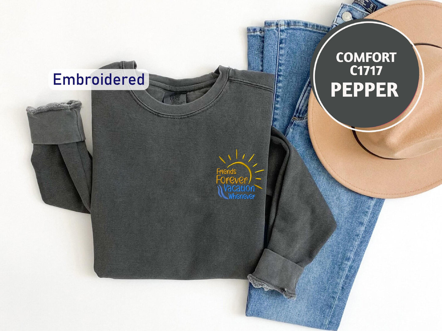 a pair of jeans, a hat, and a sweatshirt