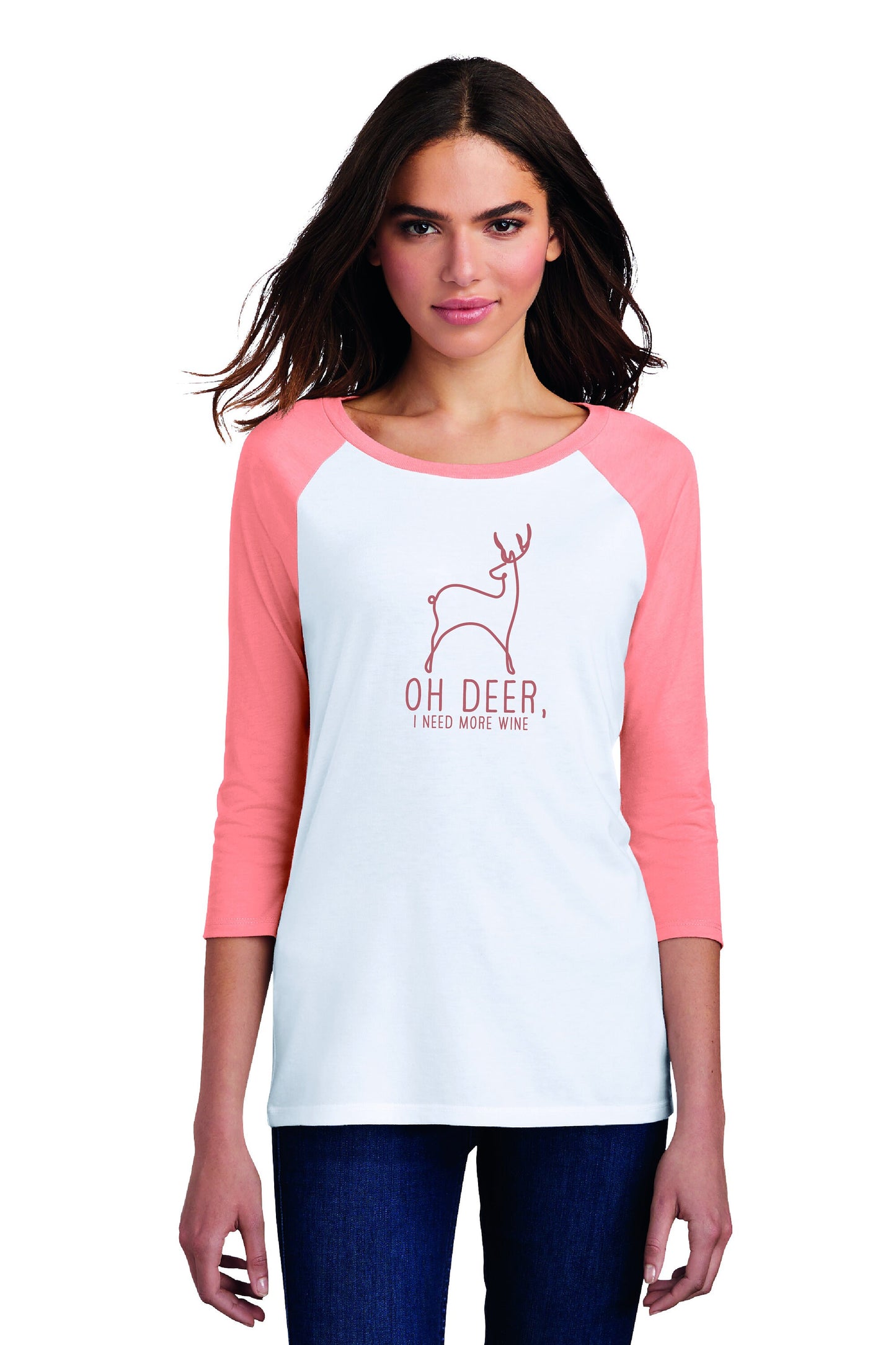 a woman wearing a white and pink shirt with a deer on it