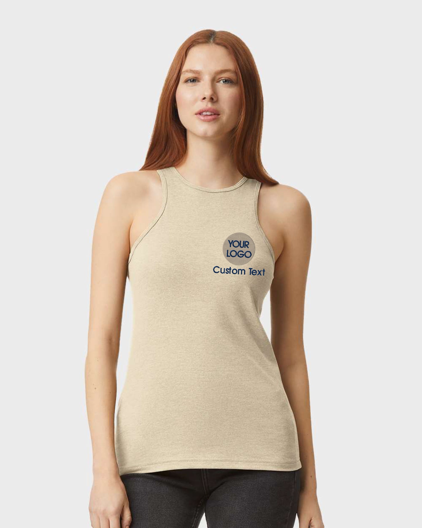 a woman wearing a tank top with a logo on it