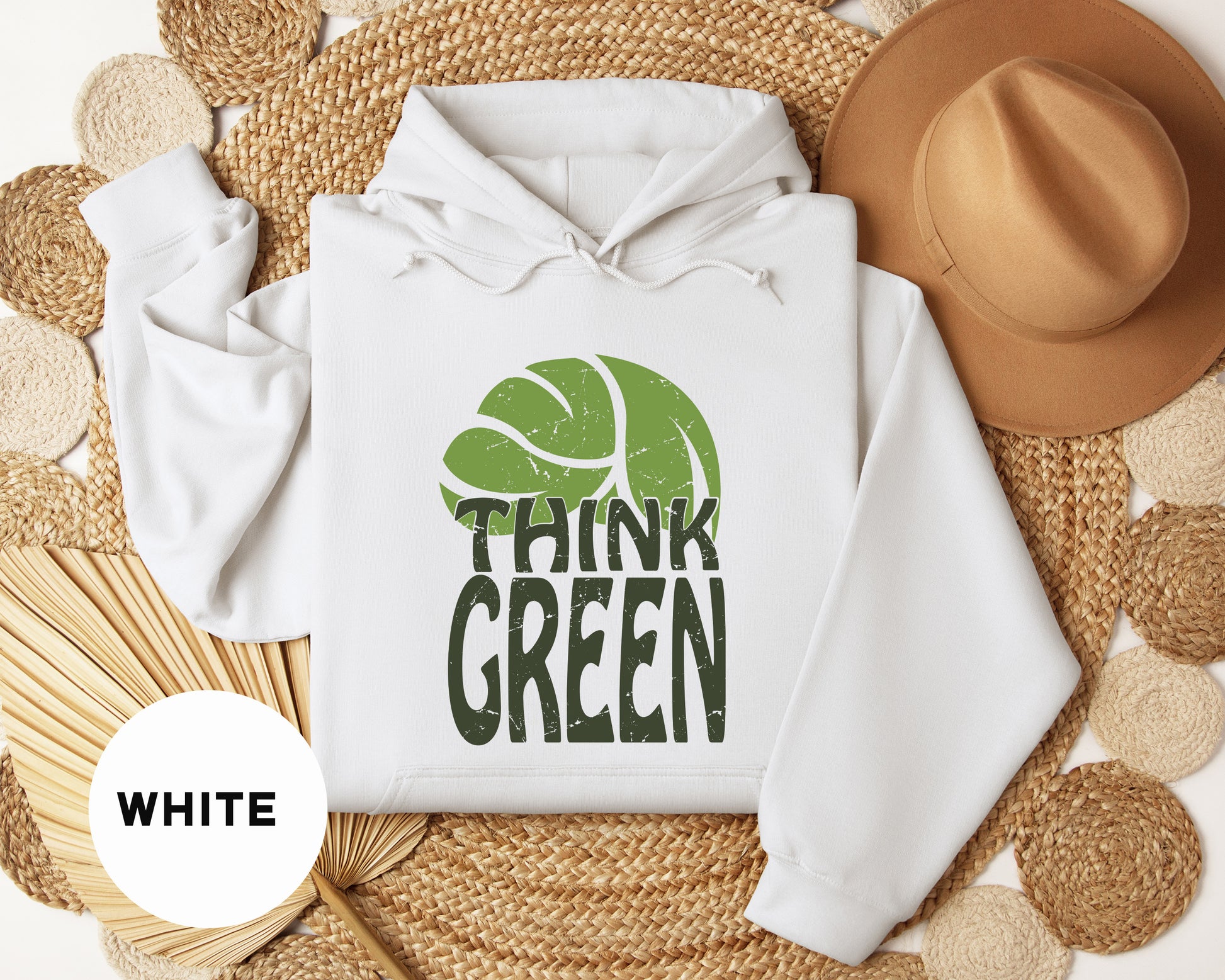 a white hoodie with the words think green printed on it