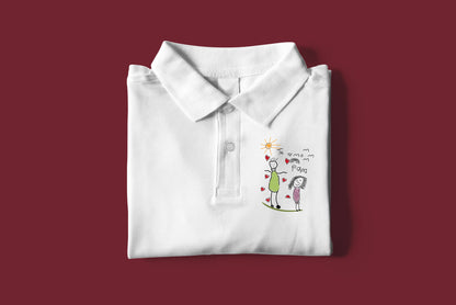 a white polo shirt with a drawing of a man and a woman on it