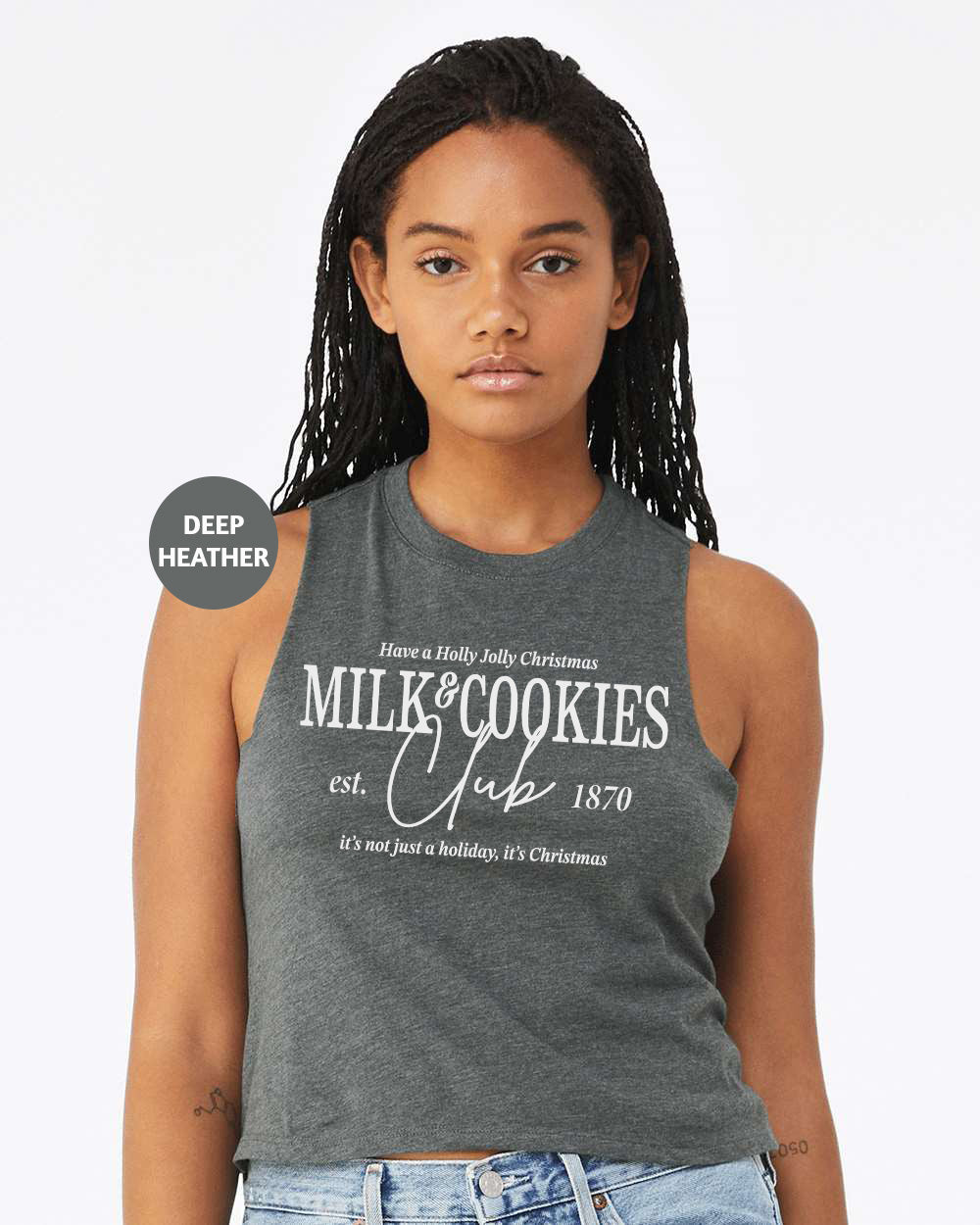 a woman wearing a tank top that says milk cookies