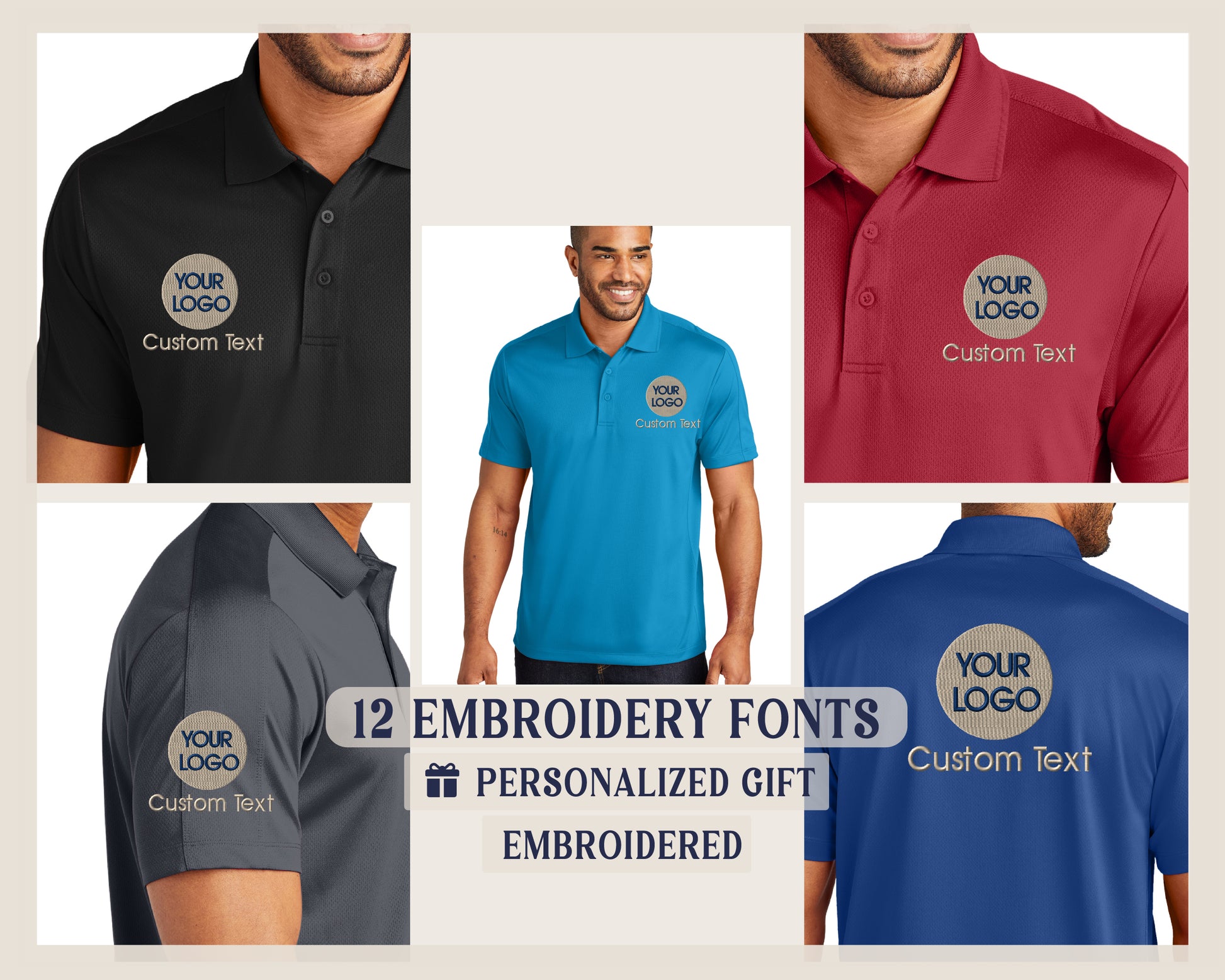 a group of men&#39;s polo shirts with custom logos