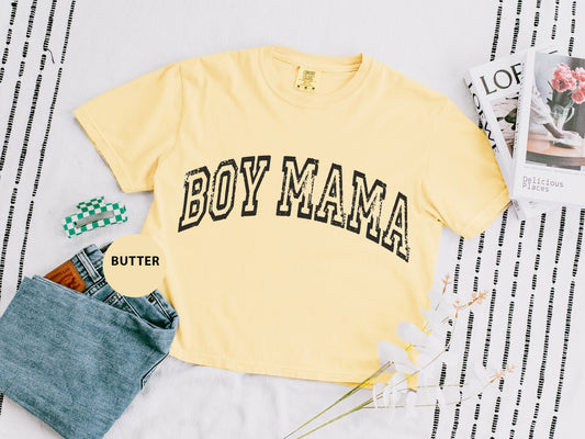 a yellow shirt with the word boy mama on it