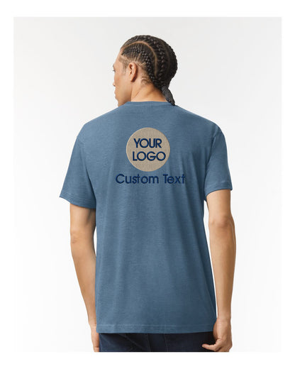 a man wearing a blue t - shirt with the words your logo on it