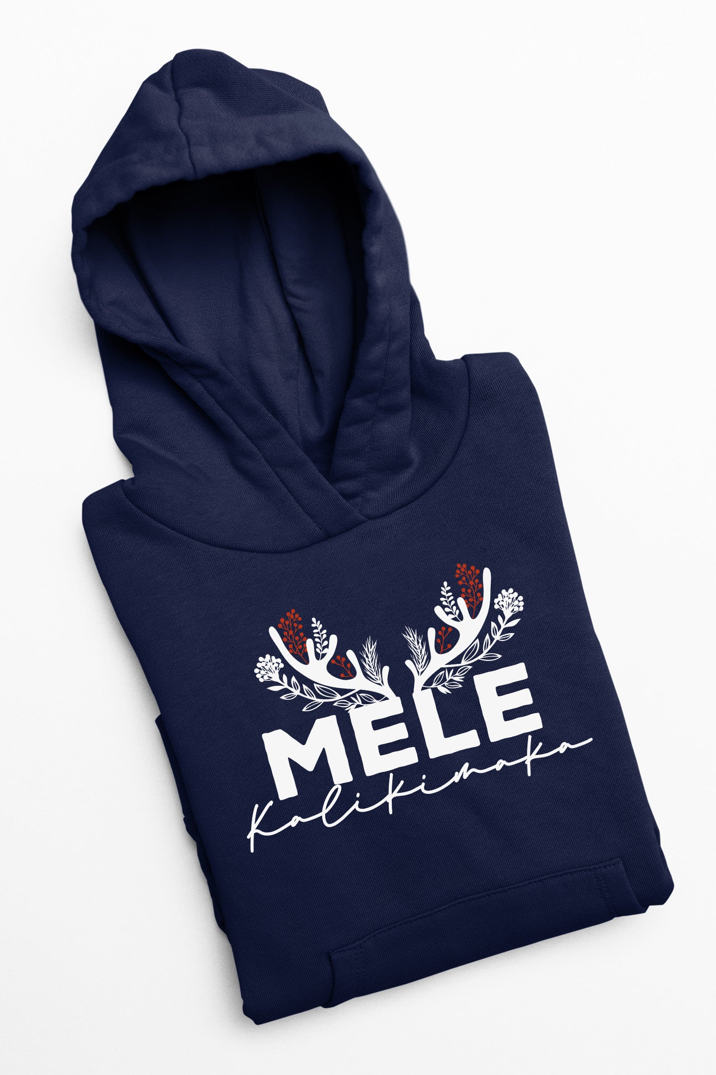 A navy blue hoodie with white text and floral designs printed on it.