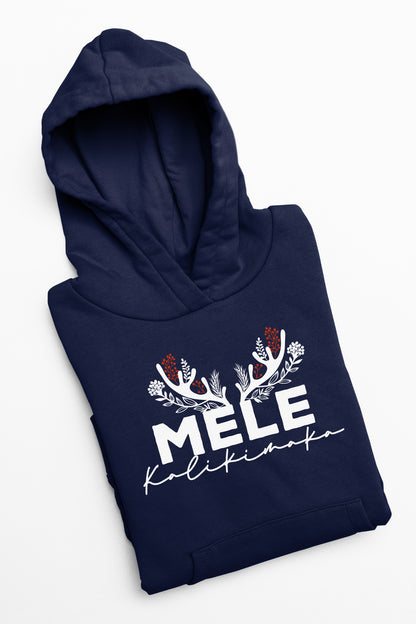 A navy blue hoodie with white text and floral designs printed on it.