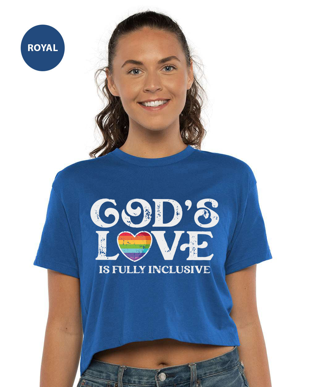 a woman wearing a blue crop top that says god's love is fully ind