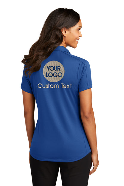 a woman wearing a blue polo shirt with the words your logo on it