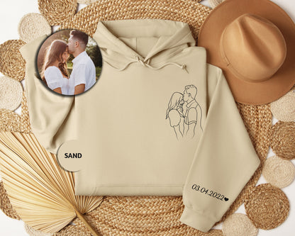 a picture of a couple on a hoodie with a straw hat next to it