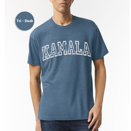 a man wearing a blue t - shirt with the word kalamala printed on