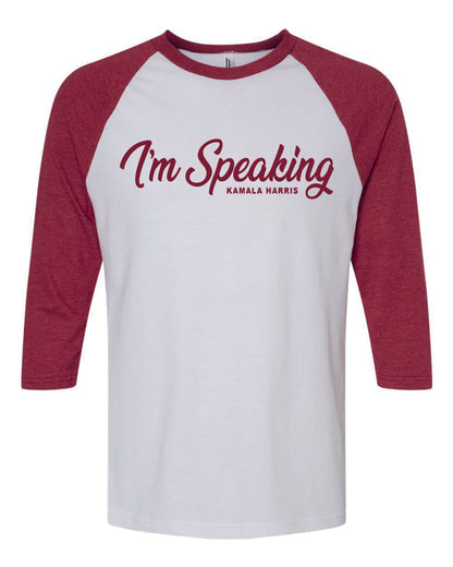 a red and white baseball shirt that says i'm speaking