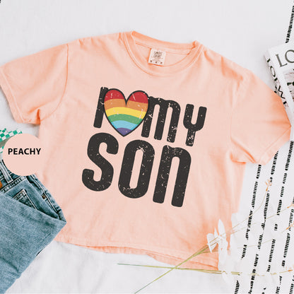 a t - shirt that says i love my son with a rainbow heart