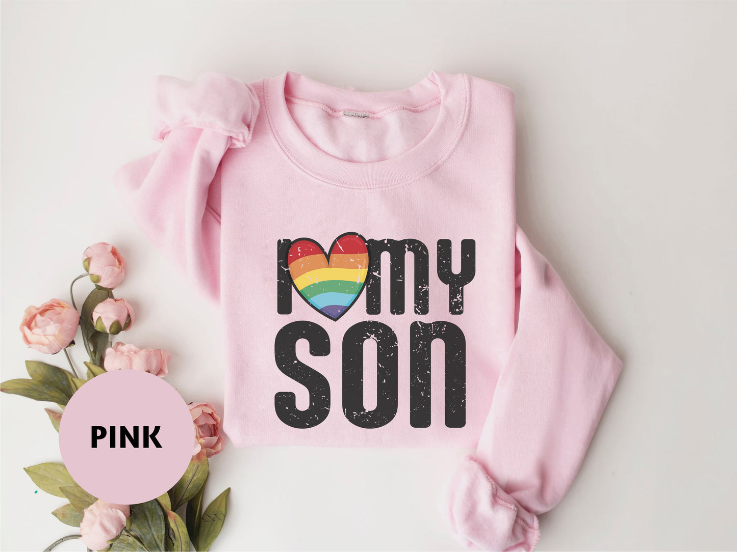 a pink shirt with the words i love my son on it